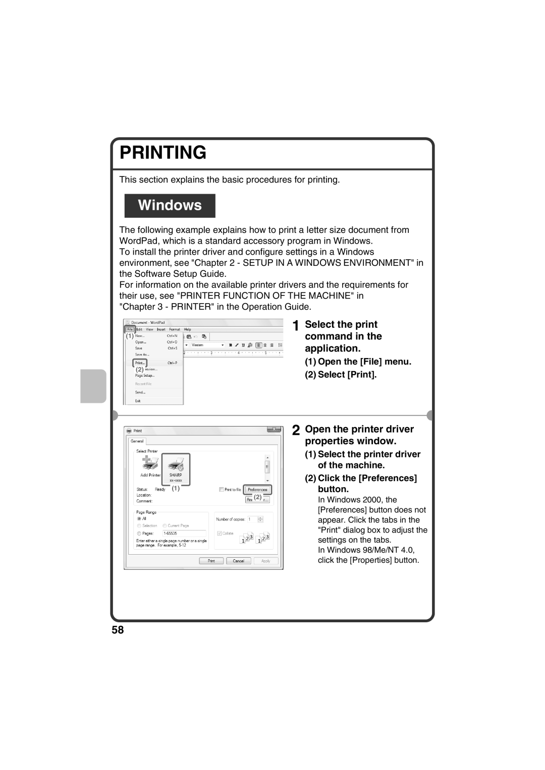 Sharp MX-B401 Printing, Windows, Select the print 1command in the application, Open the printer driver properties window 