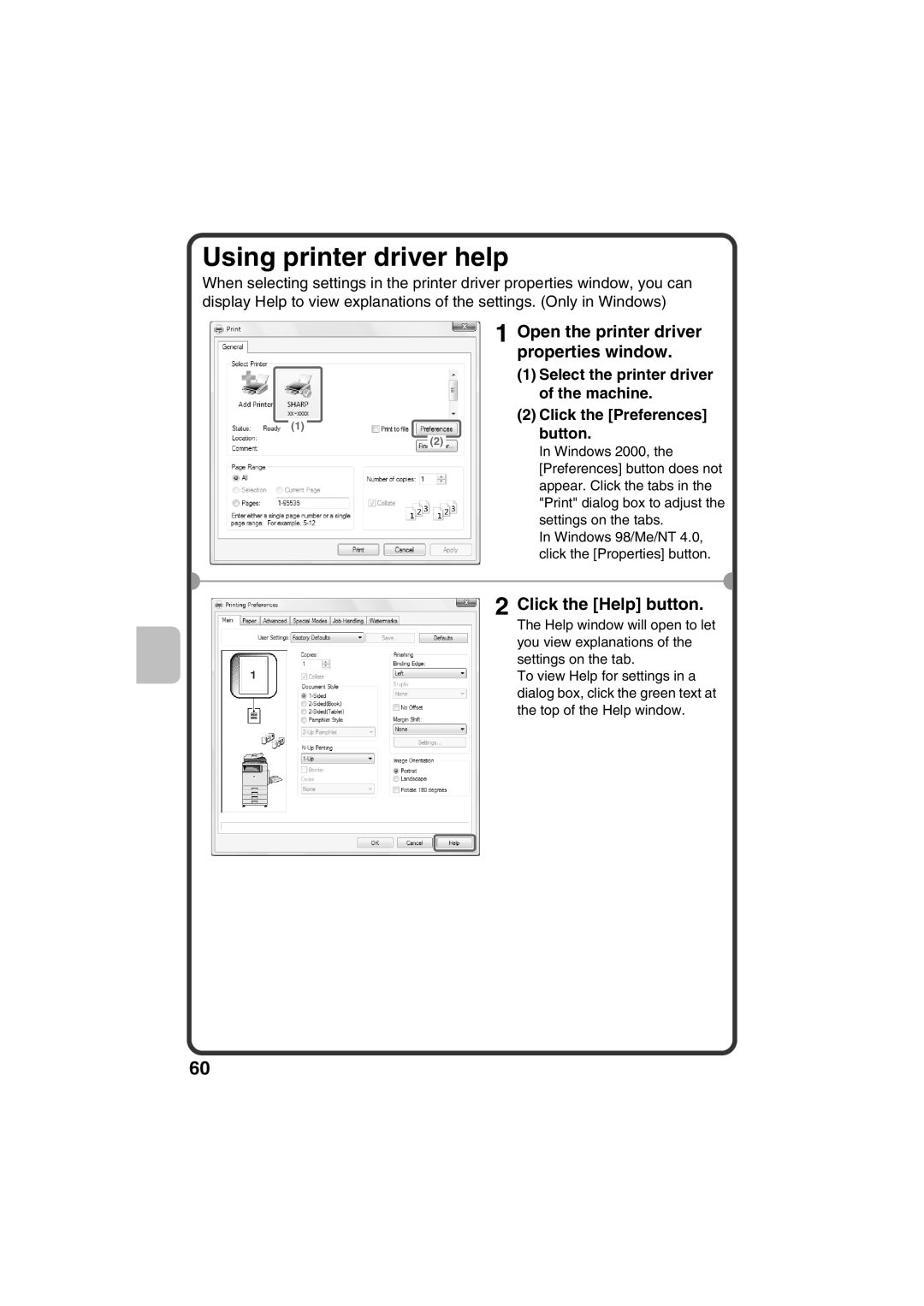 Sharp MX-B401, TINSE4377FCZZ Using printer driver help, Click the Help button, Open the printer driver properties window 
