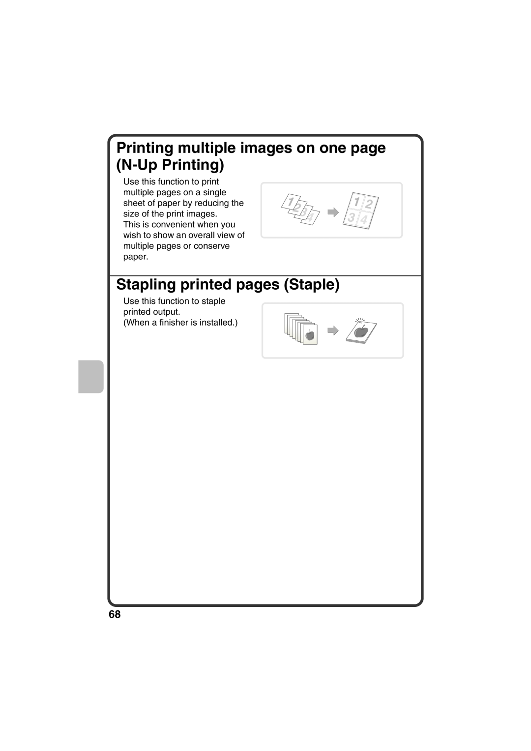 Sharp MX-B401, TINSE4377FCZZ quick start Printing multiple images on one page N-Up Printing, Stapling printed pages Staple 