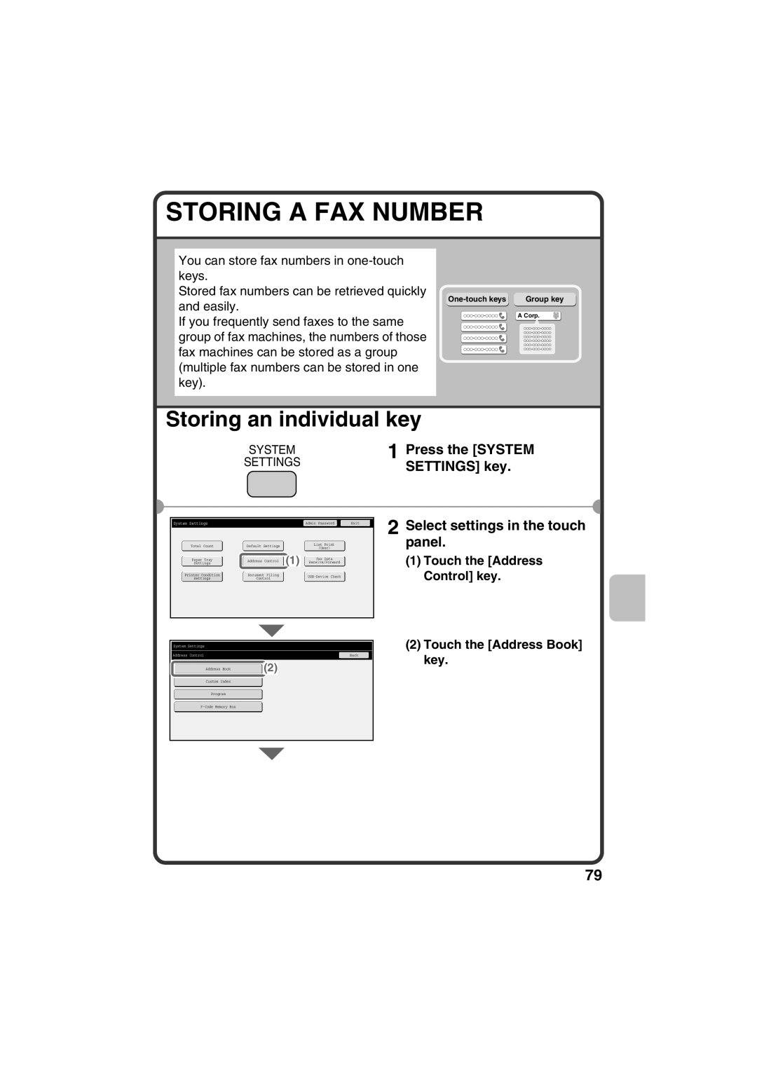 Sharp TINSE4377FCZZ, MX-B401 Storing A Fax Number, Storing an individual key, Touch the Address Control key, SETTINGS key 