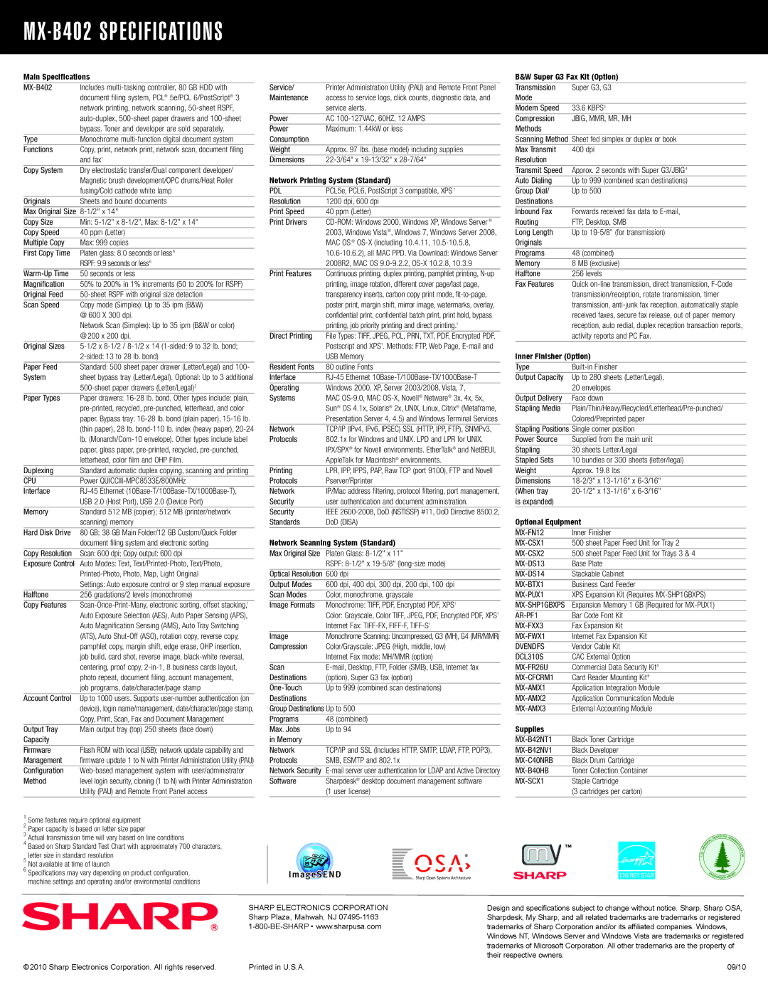 Sharp MX-B402 Main Specifications, Network Printing System Standard, Network Scanning System Standard, Optional Equipment 