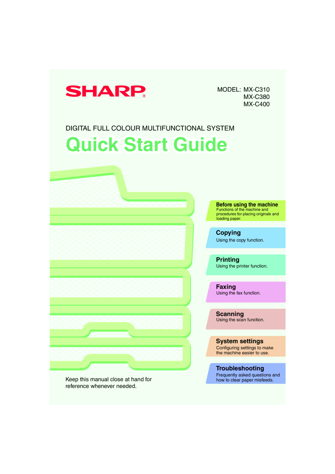 Sharp MX-C380, MX-C310, MX-C400 quick start Copying, Printing, Faxing, Scanning, System settings, Troubleshooting 