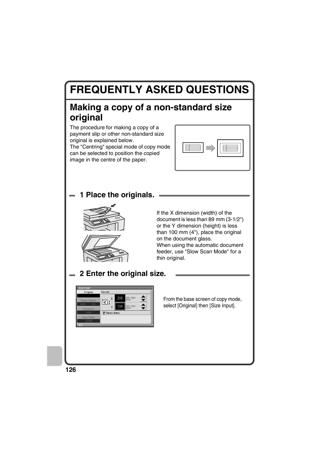 Sharp MX-C400, MX-C310, MX-C380 quick start Frequently Asked Questions, Making a copy of a non-standard size original 