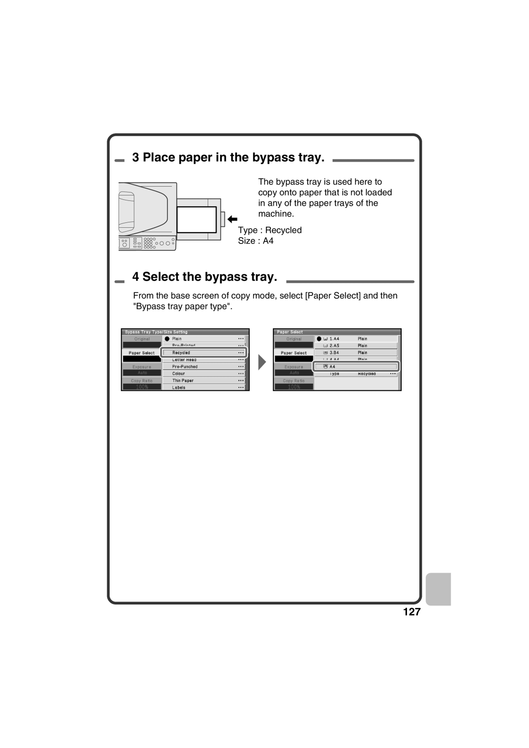 Sharp MX-C310, MX-C380, MX-C400 quick start Select the bypass tray 