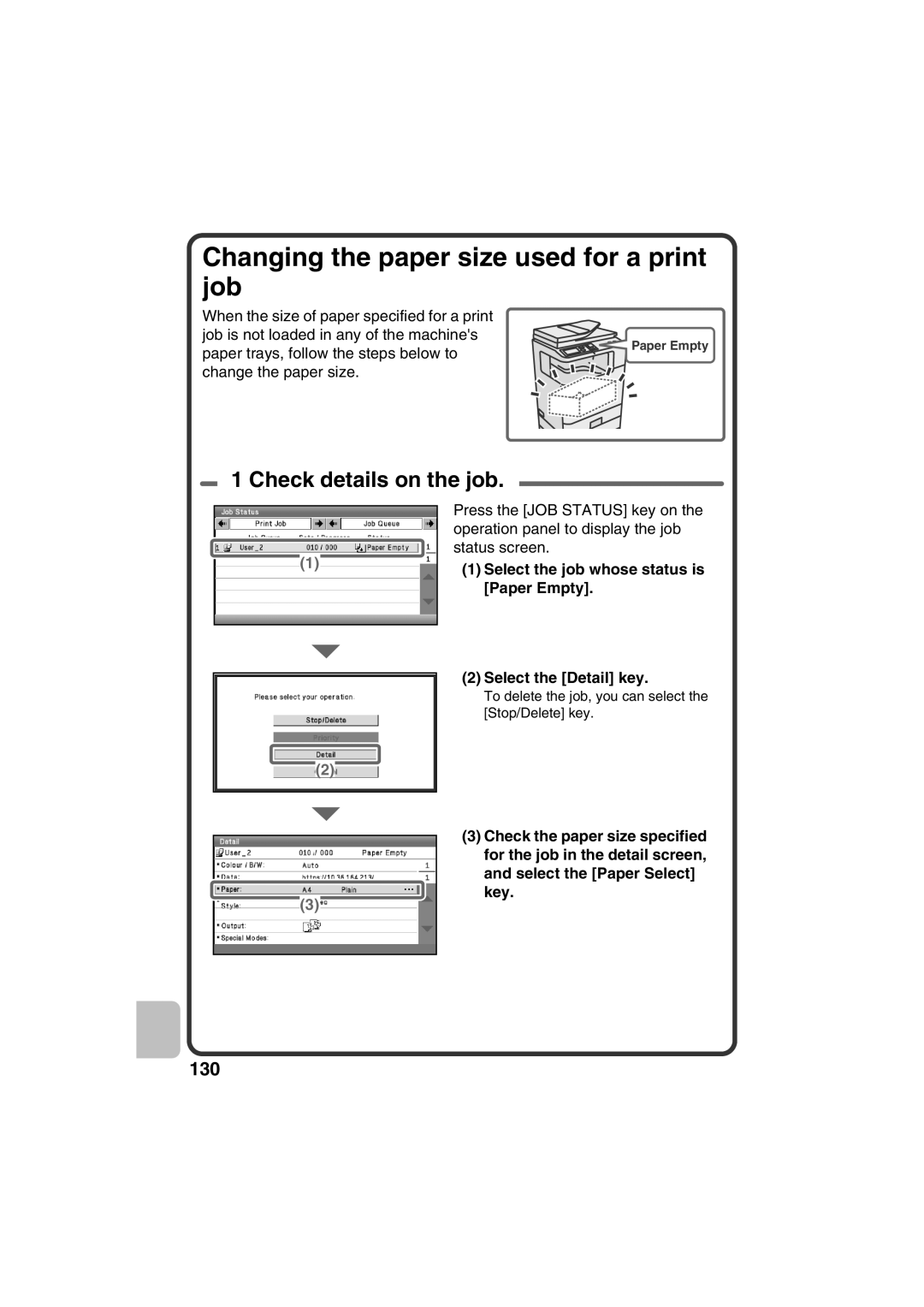 Sharp MX-C310, MX-C380, MX-C400 quick start Changing the paper size used for a print job, Check details on the job 