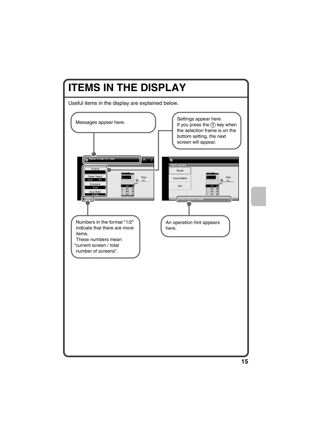 Sharp MX-C400, MX-C310, MX-C380 quick start Items in the Display, Useful items in the display are explained below 