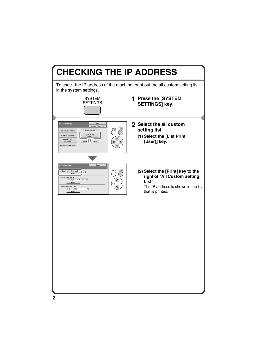 Sharp MX-C380 Checking the IP Address, Settings key, Select the all custom setting list, Select the List Print User key 