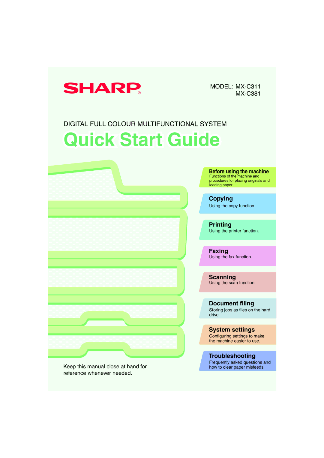 Sharp MX-C381, MX-C311 quick start Copying, Printing, Faxing, Scanning, Document filing, System settings, Troubleshooting 