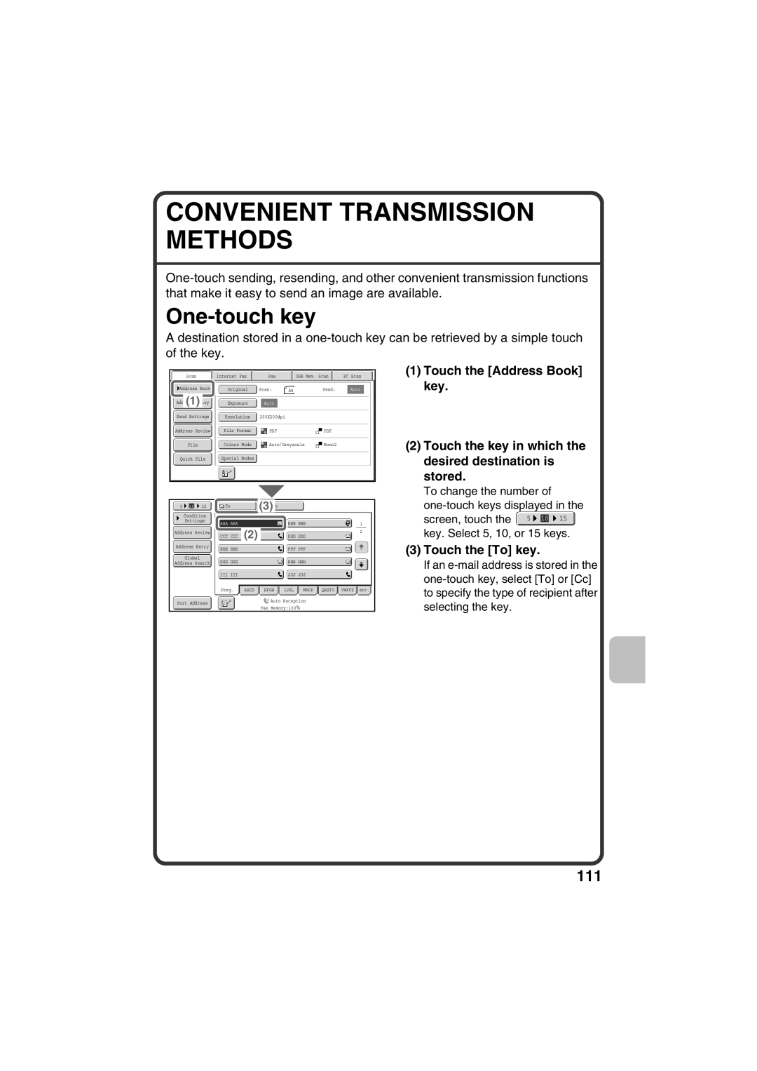 Sharp MX-C381, MX-C311 quick start Convenient Transmission Methods, One-touch key 