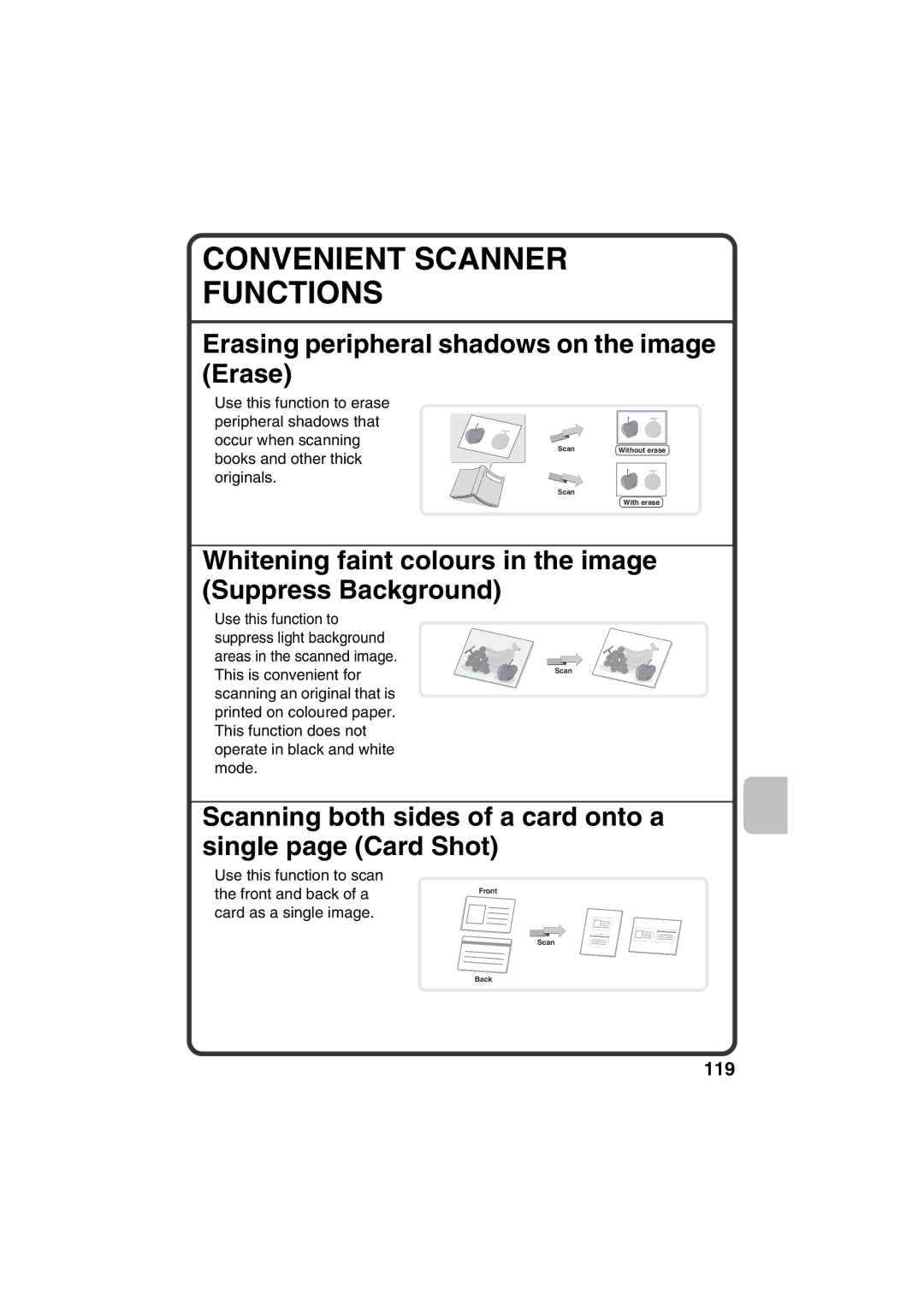 Sharp MX-C381, MX-C311 quick start Convenient Scanner Functions, Erasing peripheral shadows on the image Erase 