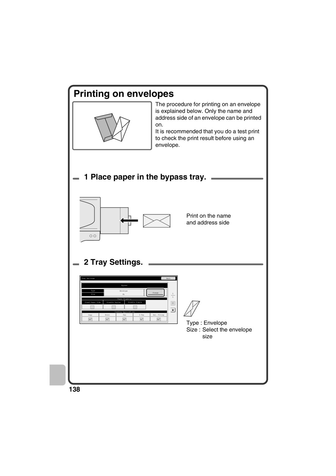 Sharp MX-C311, MX-C381 quick start Printing on envelopes, Tray Settings 