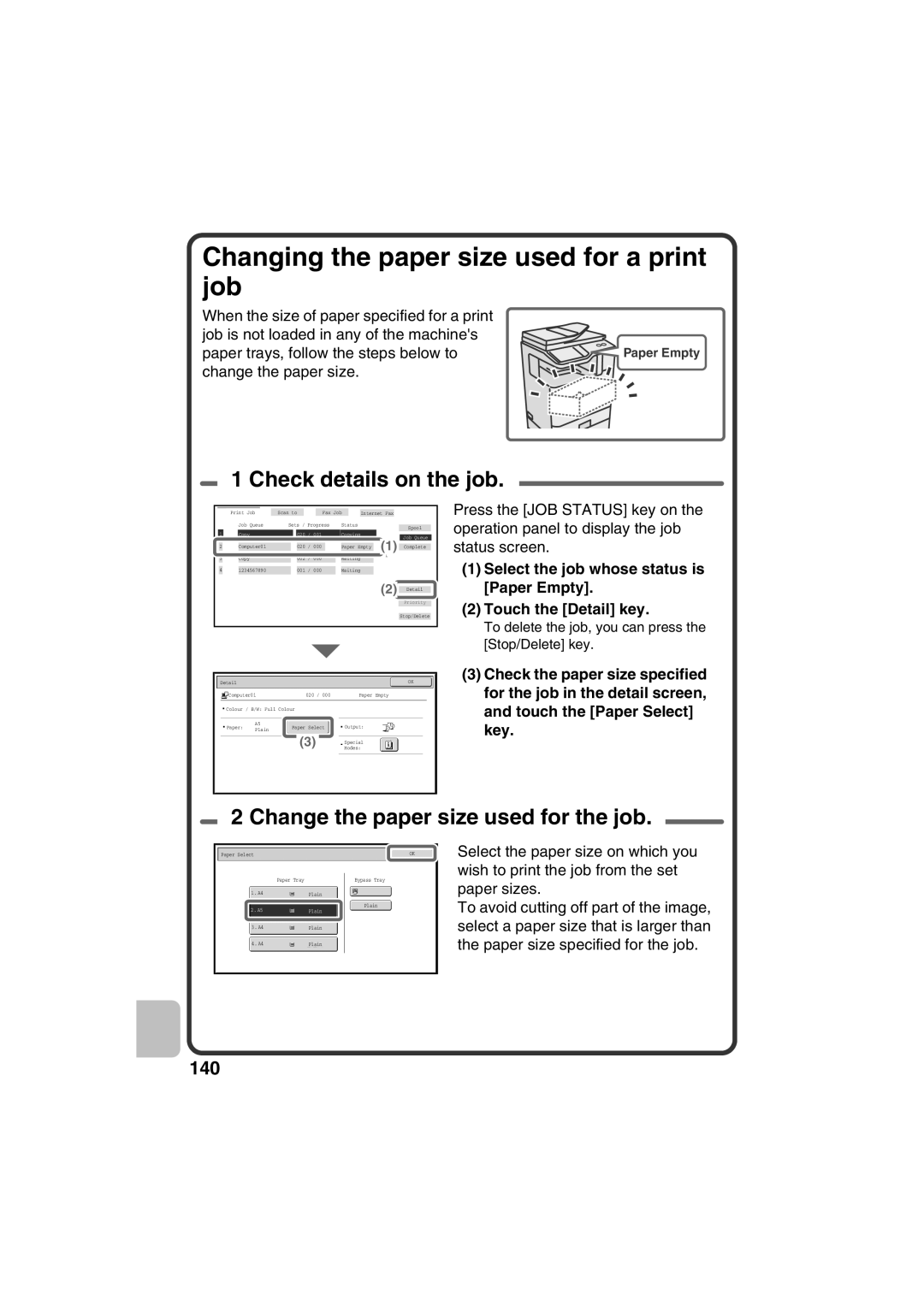 Sharp MX-C311, MX-C381 quick start Changing the paper size used for a print job, Check details on the job 