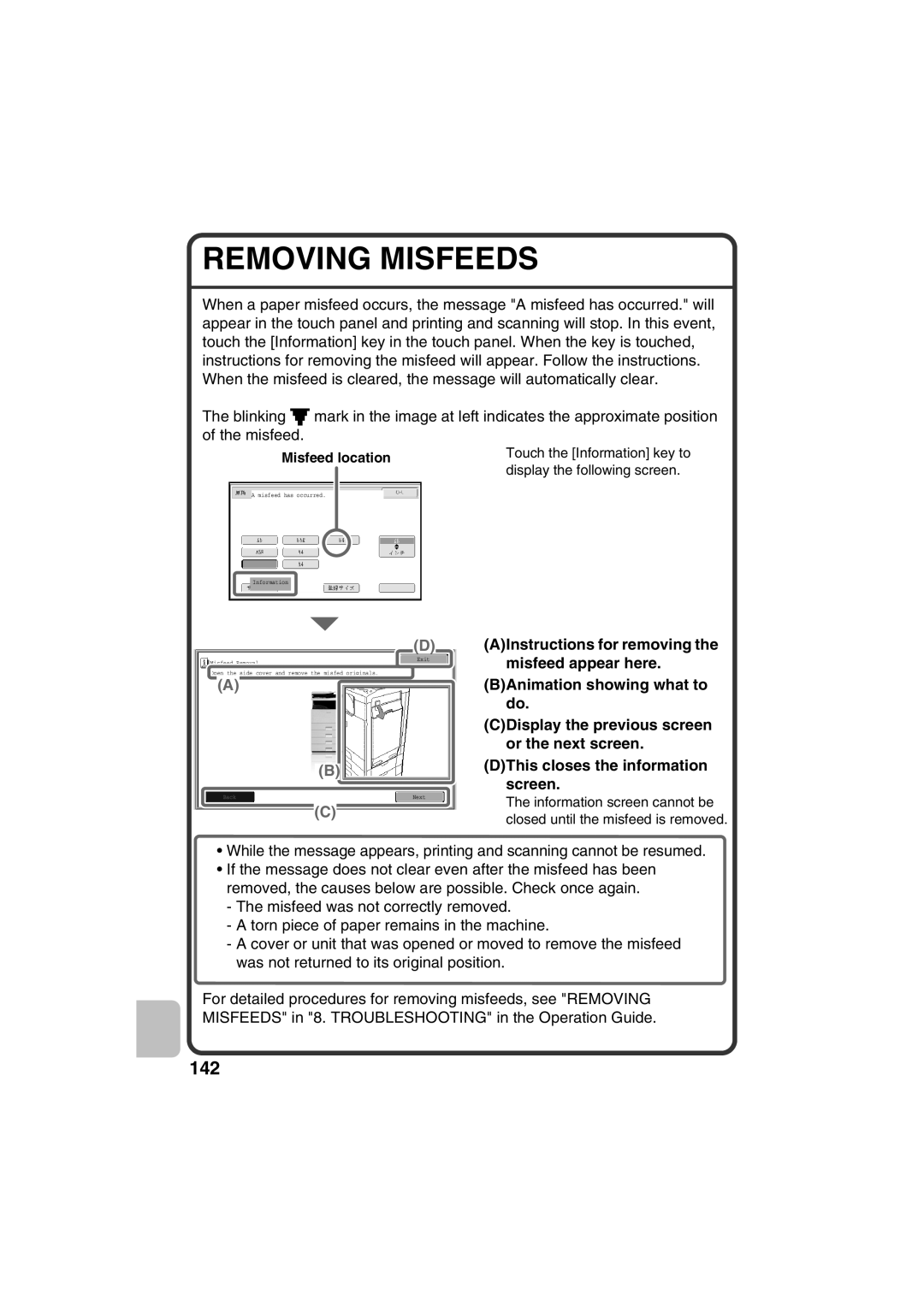 Sharp MX-C311, MX-C381 quick start Removing Misfeeds, AInstructions for removing, Misfeed appear here, Misfeed location 