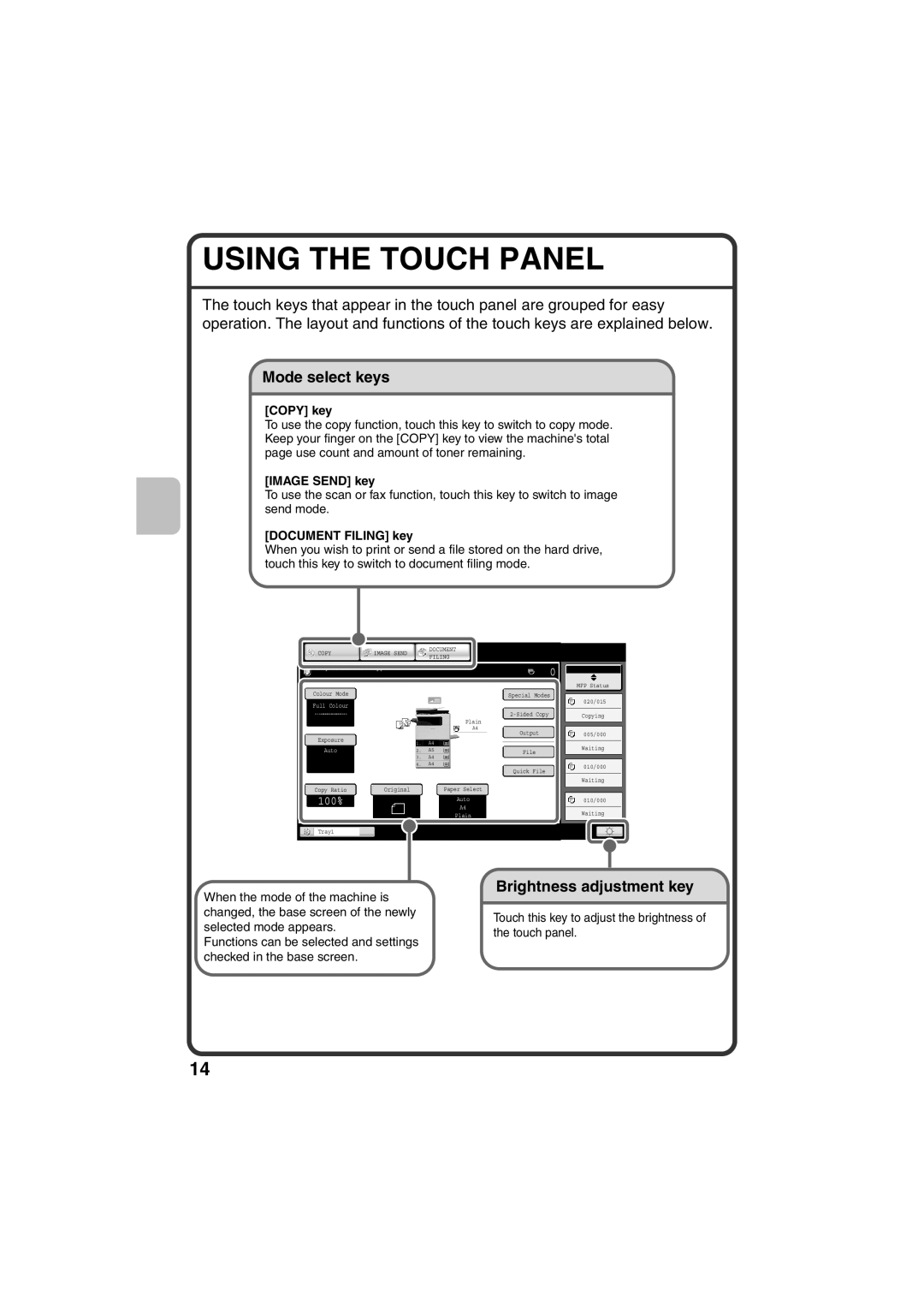 Sharp MX-C311, MX-C381 quick start Using the Touch Panel, Mode select keys, Brightness adjustment key 