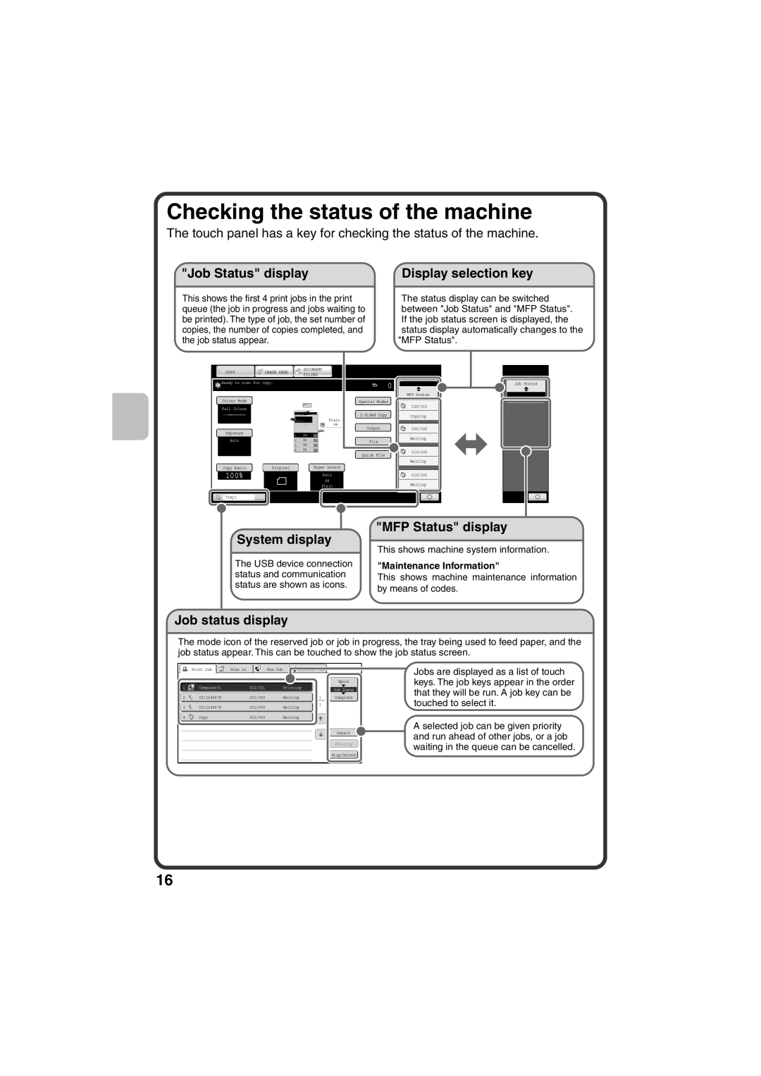 Sharp MX-C311, MX-C381 quick start Checking the status of the machine, Display selection key 