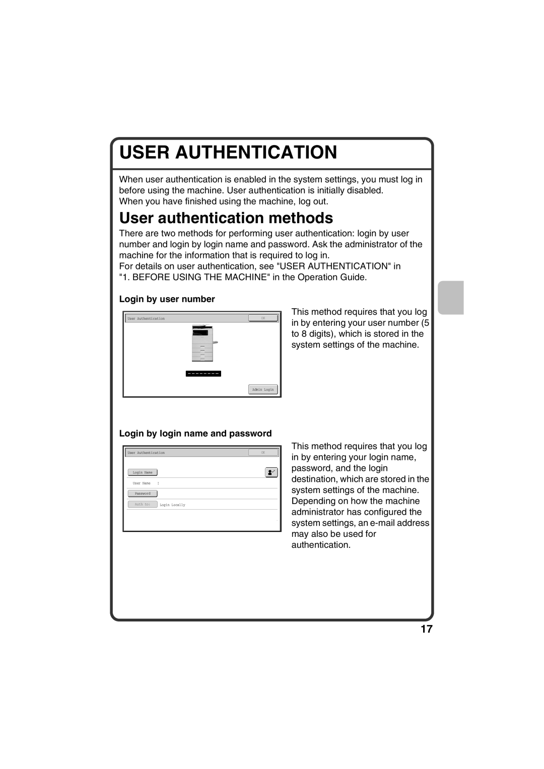 Sharp MX-C381 User Authentication, User authentication methods, Login by user number, Login by login name and password 