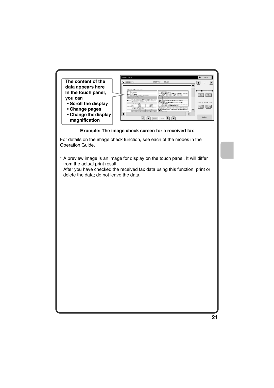 Sharp MX-C381, MX-C311 quick start Example The image check screen for a received fax 