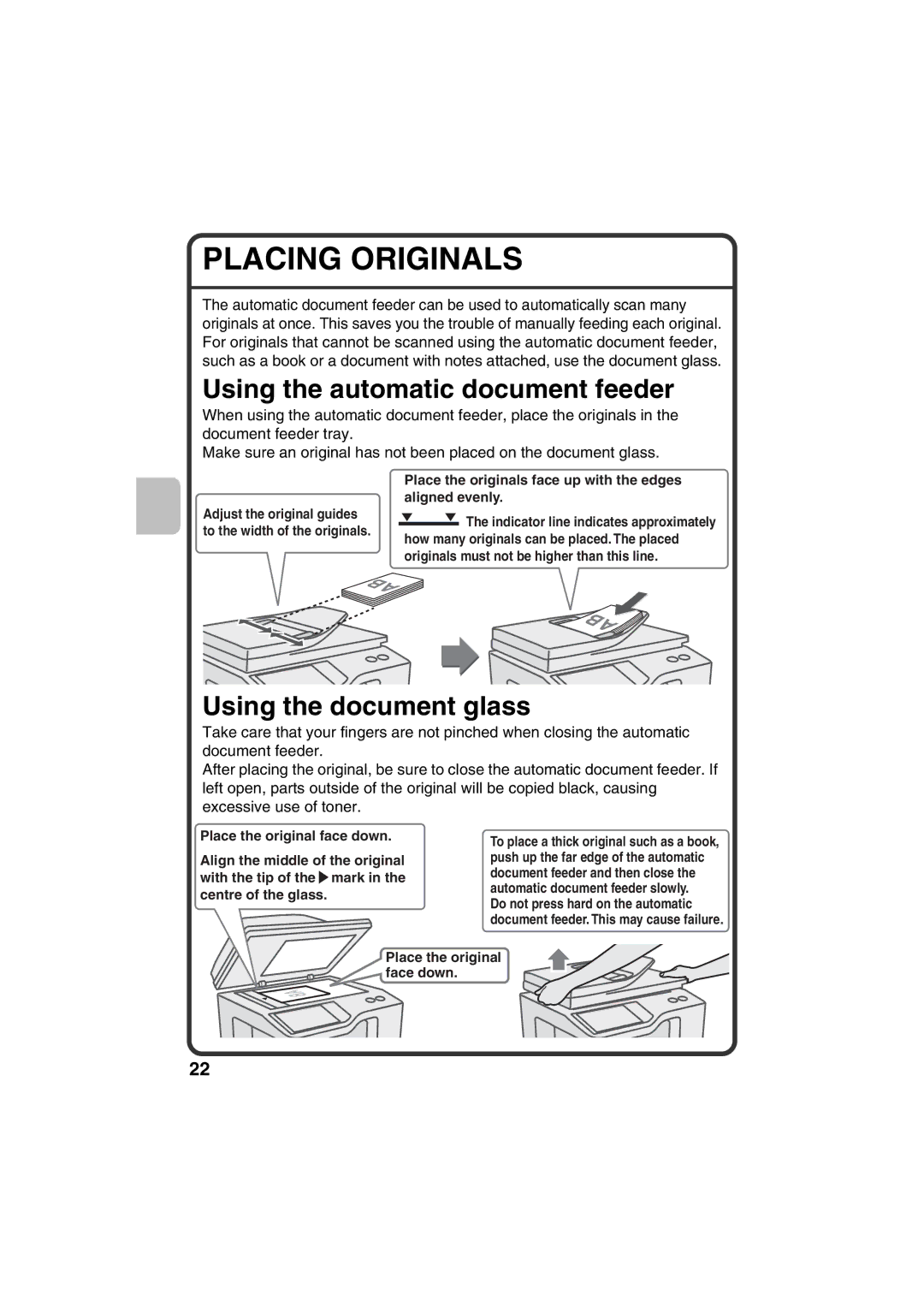 Sharp MX-C311, MX-C381 quick start Placing Originals, Using the automatic document feeder, Using the document glass 