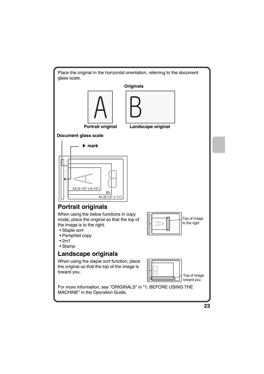 Sharp MX-C381, MX-C311 quick start Originals Portrait original, Document glass scale Mark, Landscape original 