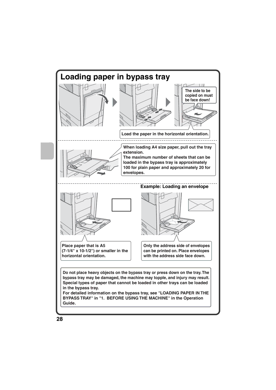 Sharp MX-C311, MX-C381 quick start Loading paper in bypass tray, Example Loading an envelope 