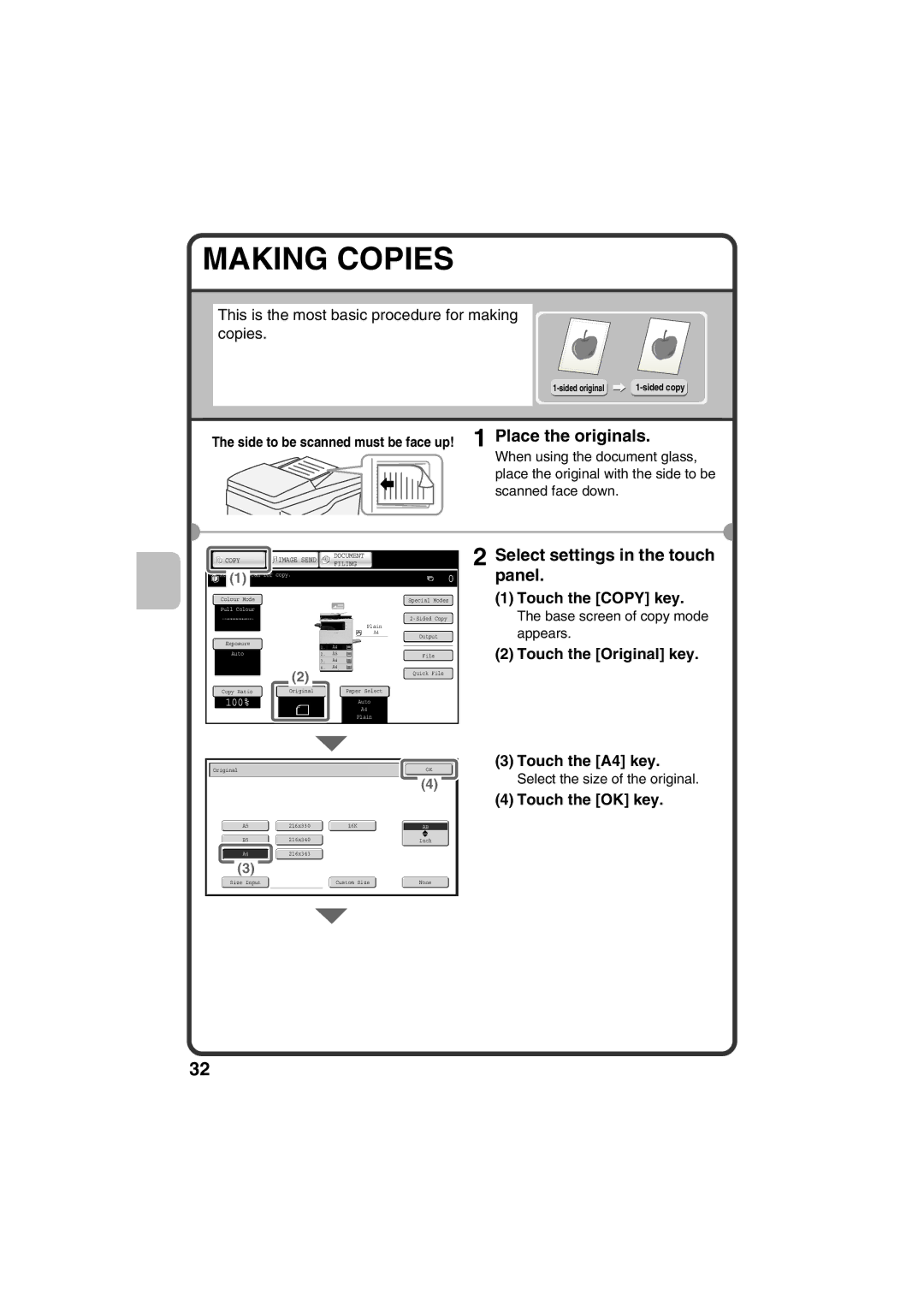 Sharp MX-C311, MX-C381 quick start Making Copies, Touch the Copy key, Touch the Original key, Touch the A4 key 