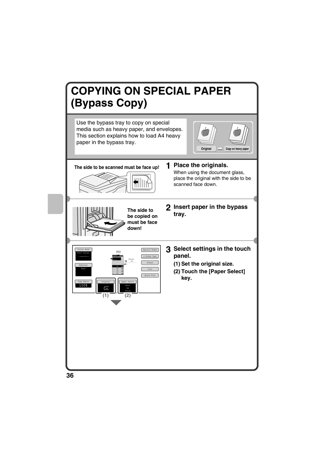 Sharp MX-C311, MX-C381 quick start Place the originals, Insert paper in the bypass, Tray 