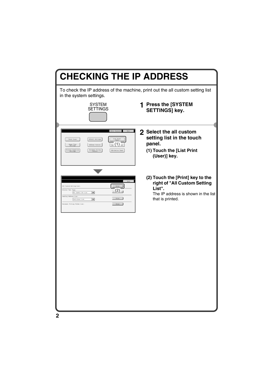 Sharp MX-C311, MX-C381 Checking the IP Address, Settings key, Select the all custom setting list in the touch panel 