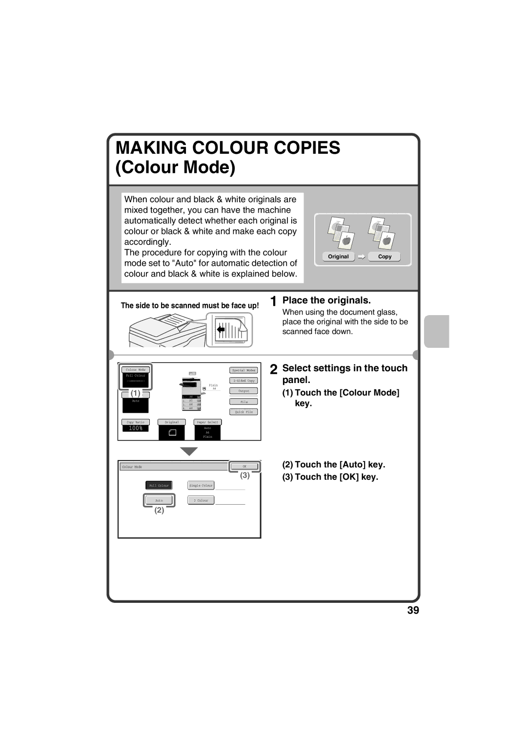 Sharp MX-C381, MX-C311 quick start Touch the Colour Mode key, Touch the Auto key Touch the OK key 