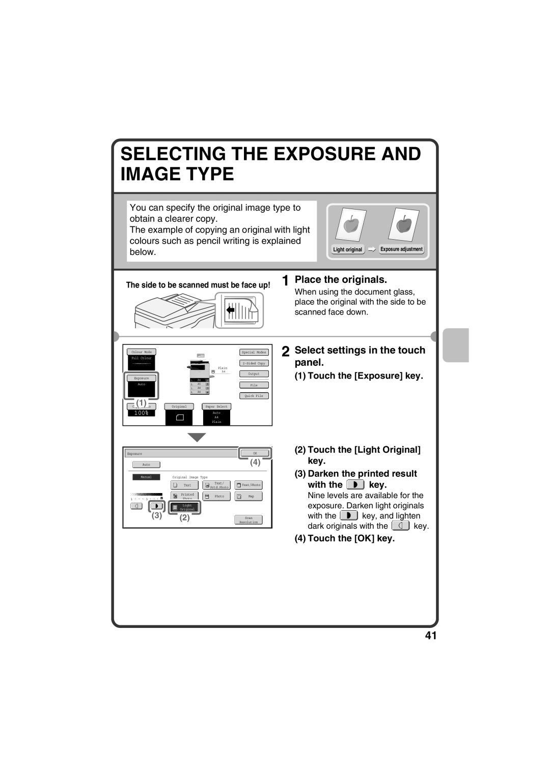 Sharp MX-C381, MX-C311 quick start Selecting the Exposure and Image Type, Touch the Exposure key 