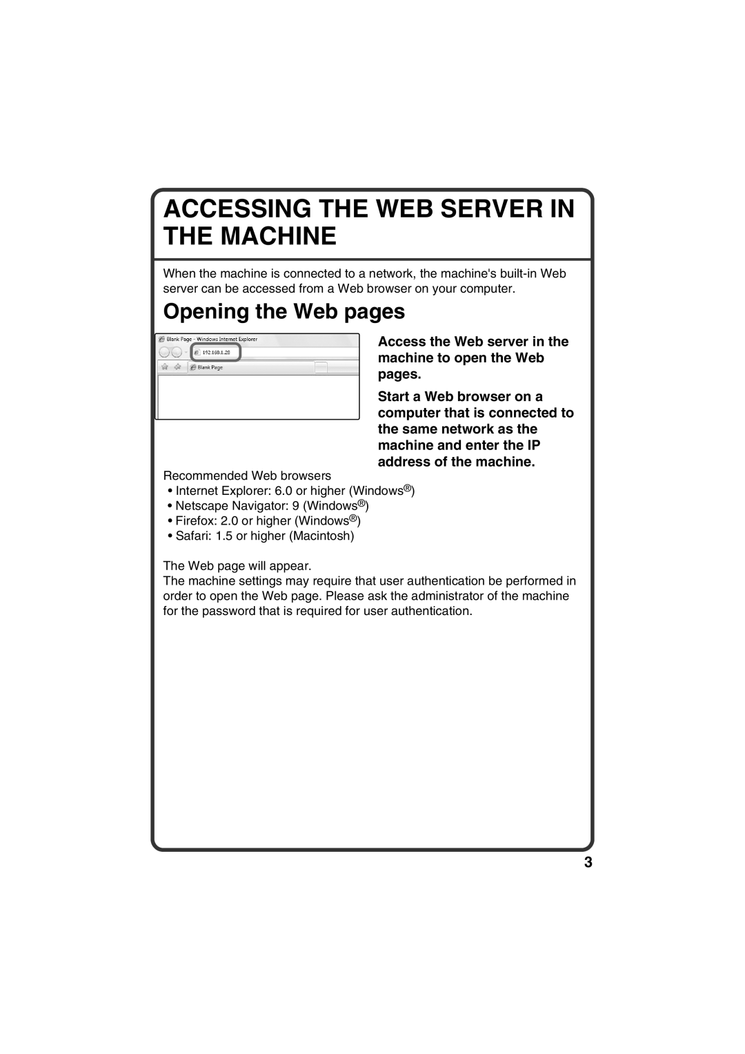 Sharp MX-C381, MX-C311 quick start Accessing the WEB Server in the Machine, Opening the Web pages 