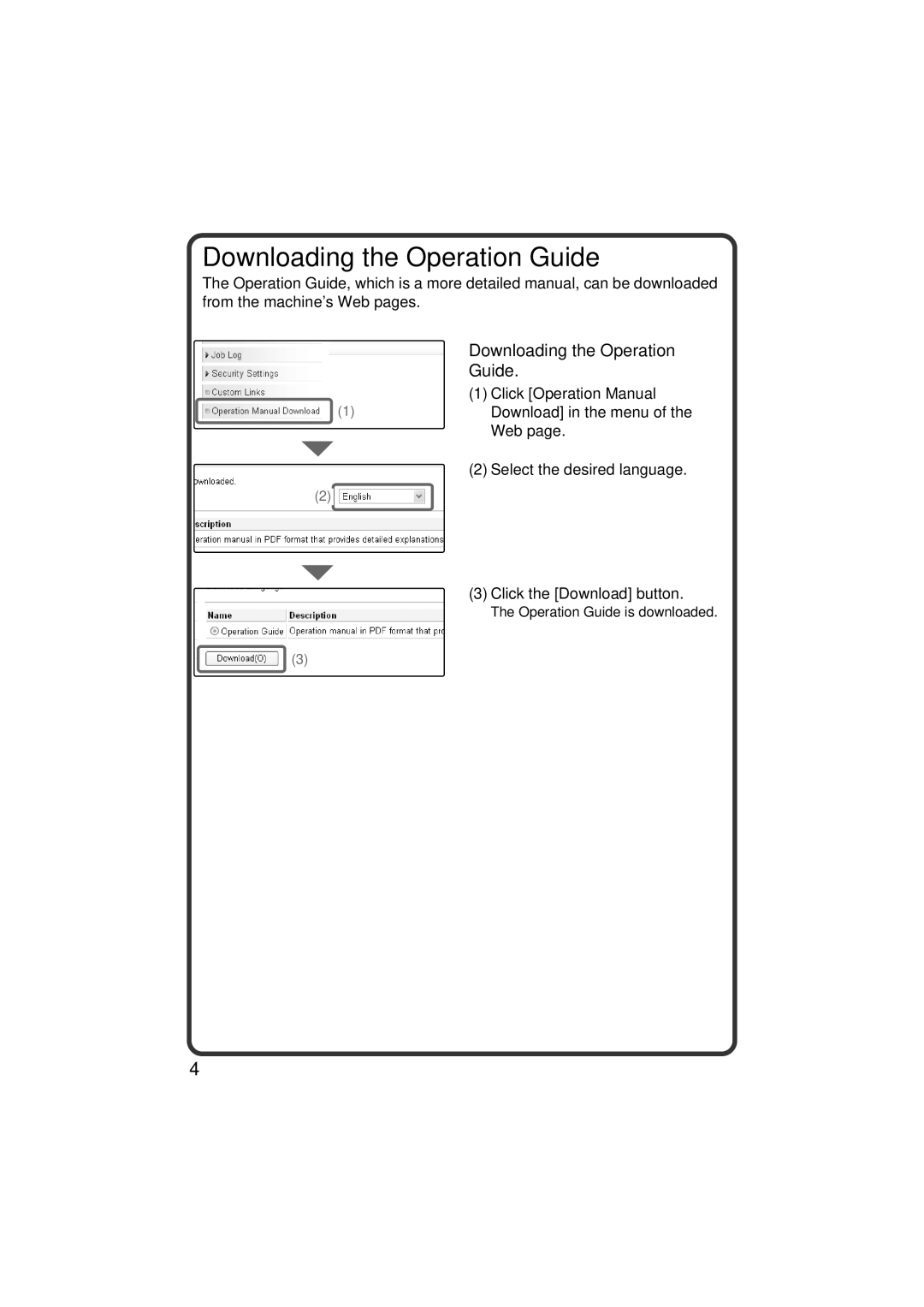 Sharp MX-C311, MX-C381 Downloading the Operation Guide, Web, Select the desired language Click the Download button 