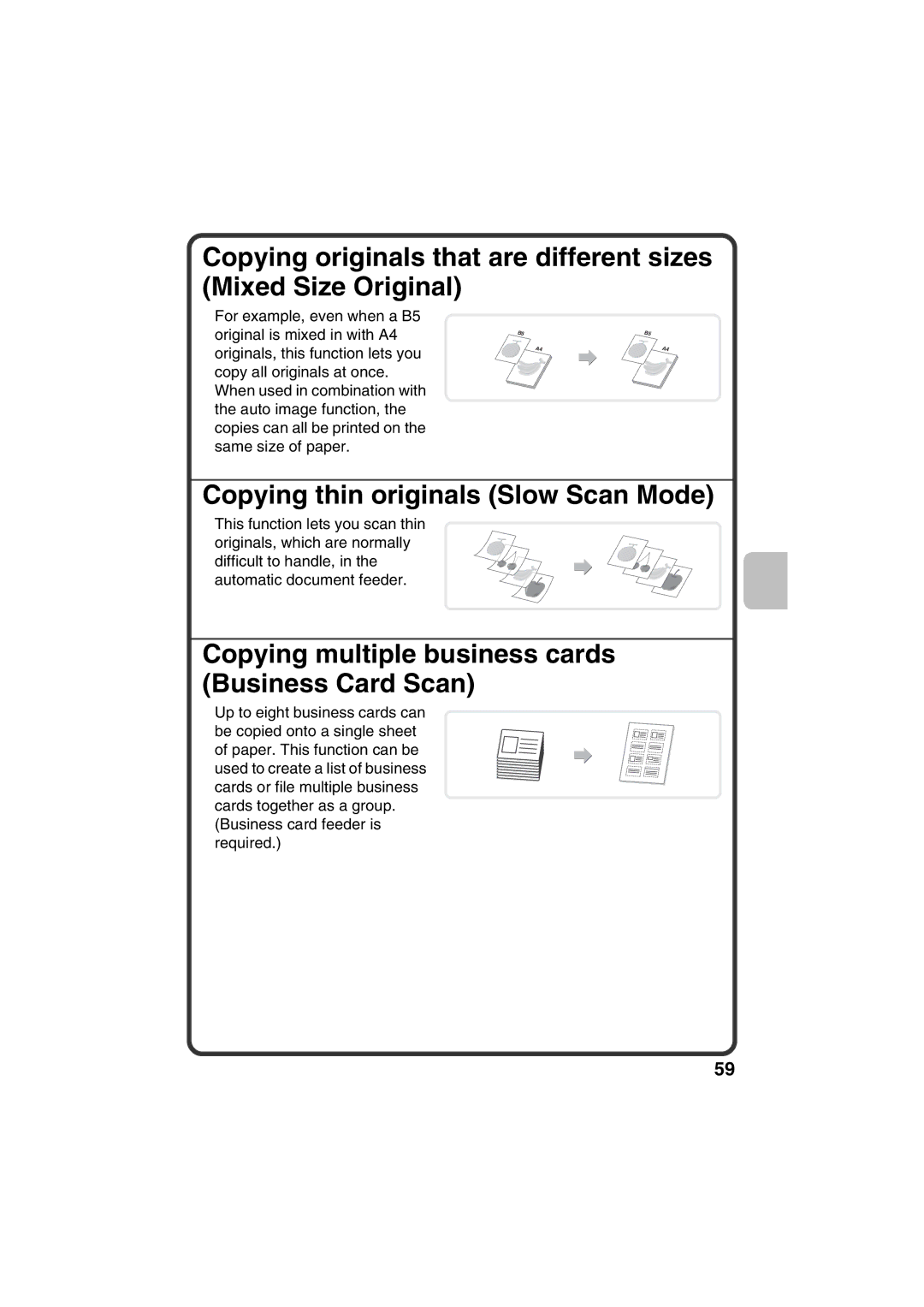 Sharp MX-C381, MX-C311 quick start Copying thin originals Slow Scan Mode, Copying multiple business cards Business Card Scan 