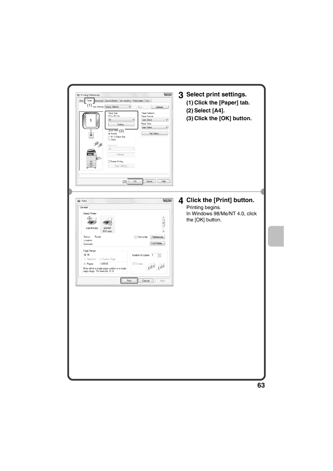 Sharp MX-C381, MX-C311 Select print settings, Click the Print button, Click the Paper tab, Select A4, Click the OK button 