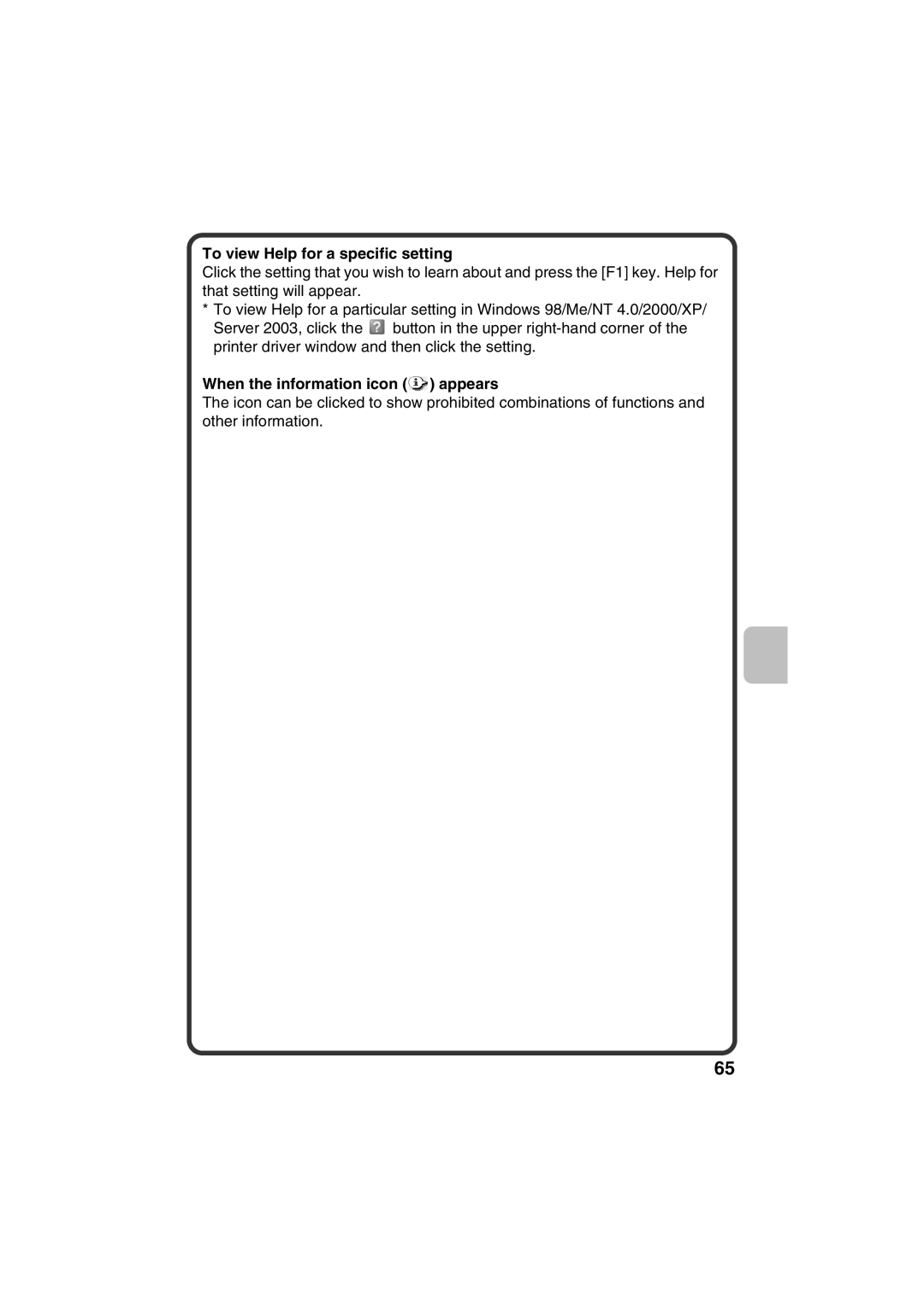 Sharp MX-C381, MX-C311 quick start To view Help for a specific setting, When the information icon appears 