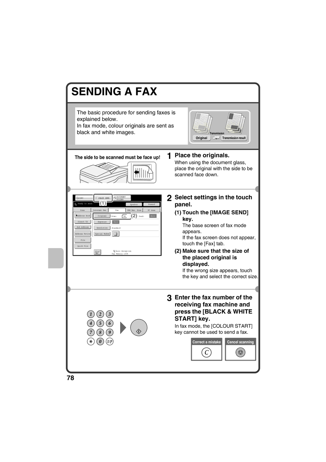 Sharp MX-C311 Sending a FAX, Touch the Image Send key, Make sure that the size of the placed original is displayed 