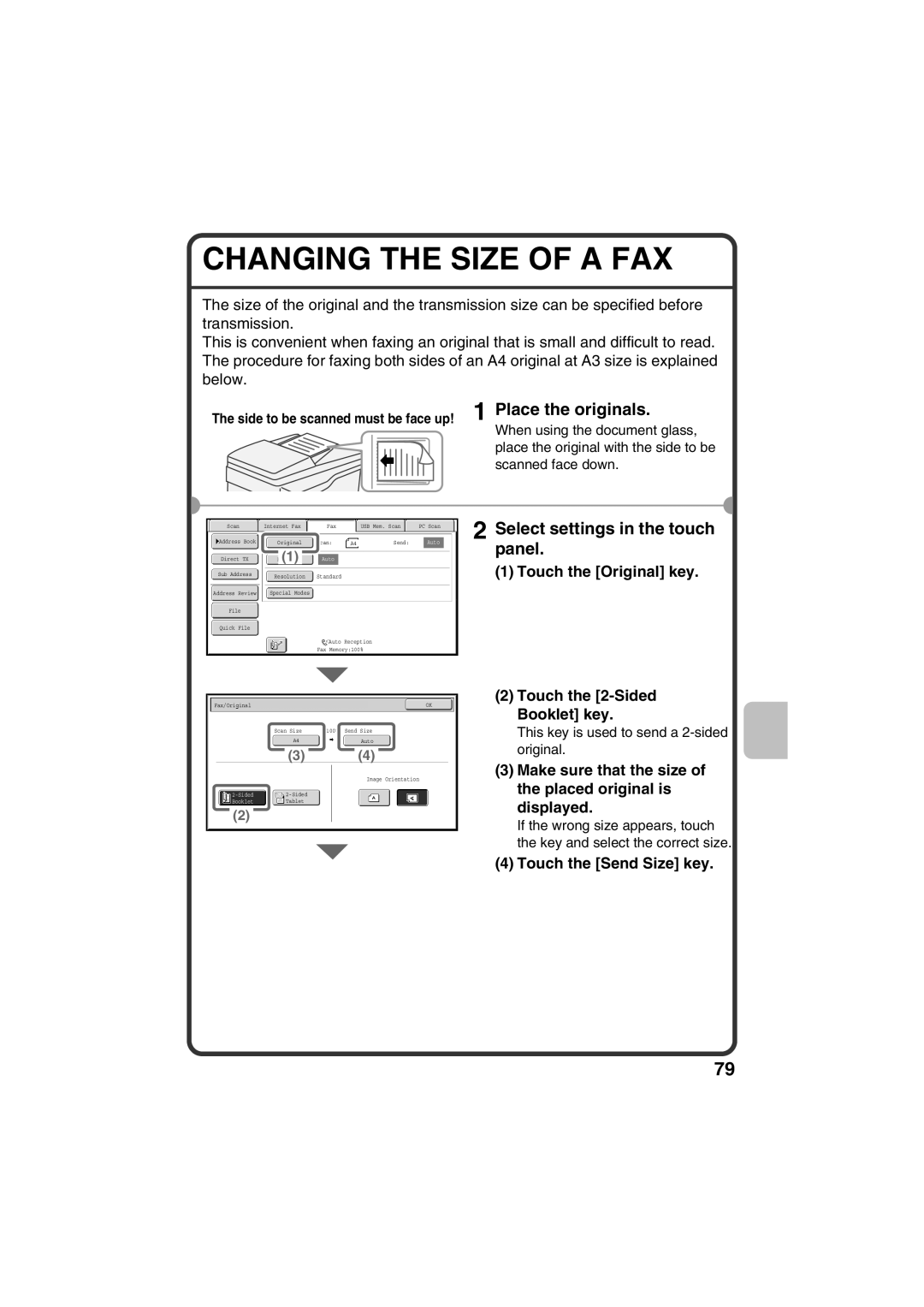 Sharp MX-C381 Changing the Size of a FAX, Touch the Original key Touch the 2-Sided Booklet key, Touch the Send Size key 