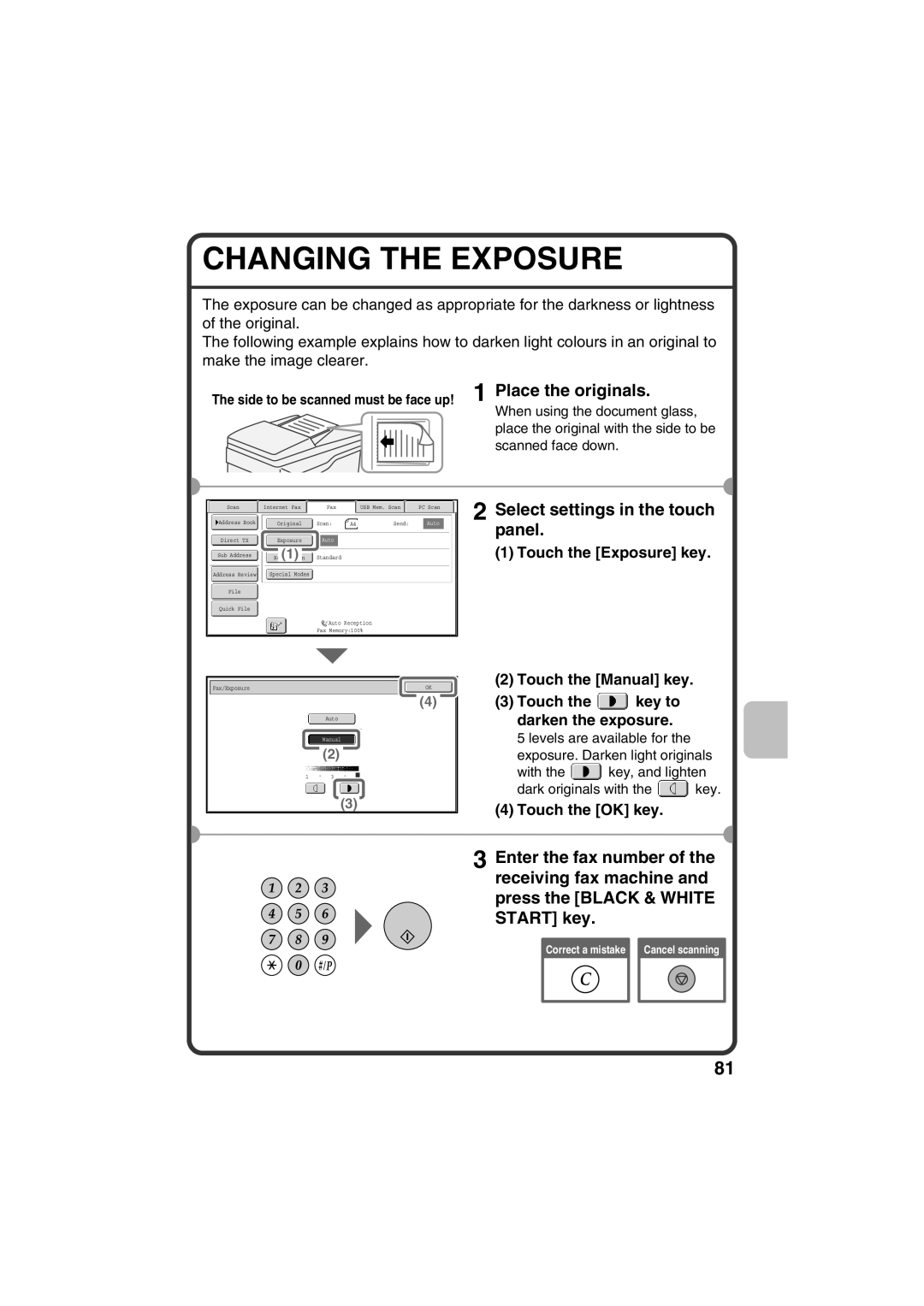 Sharp MX-C381, MX-C311 quick start Changing the Exposure, Touch the Manual key Touch the key to darken the exposure 