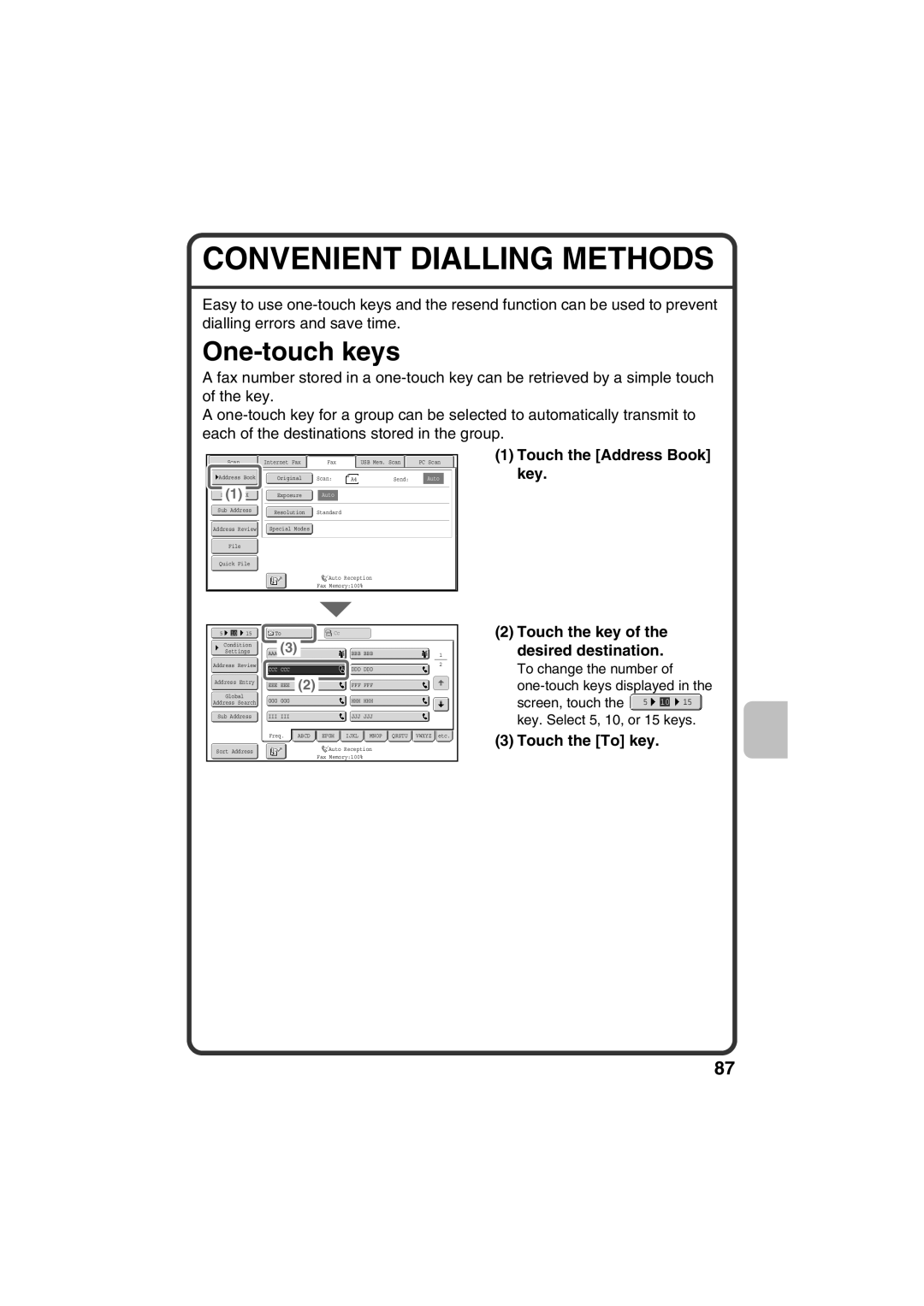 Sharp MX-C381, MX-C311 quick start Convenient Dialling Methods, One-touch keys, Touch the To key 