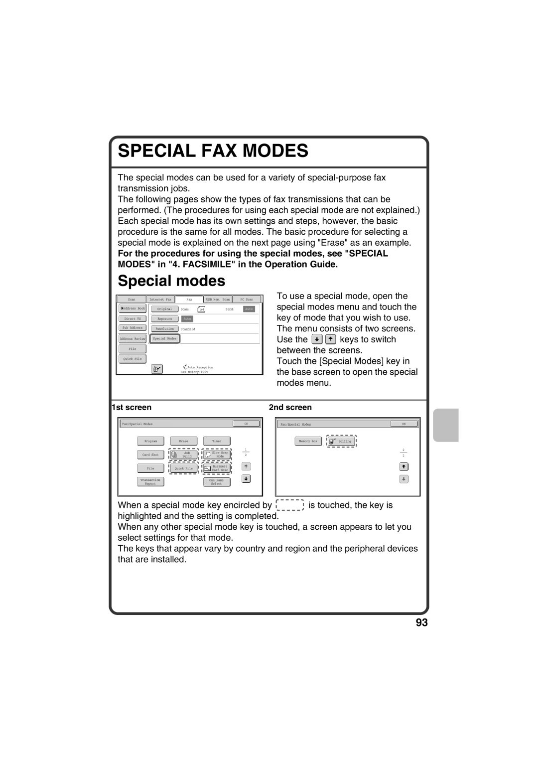 Sharp MX-C381, MX-C311 quick start Special FAX Modes, 1st screen 2nd screen 