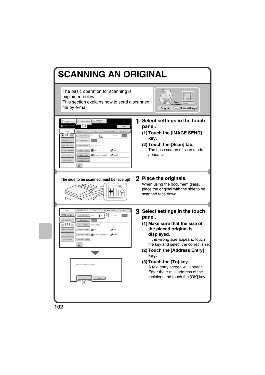 Sharp MX-C311 Scanning An Original, Select settings in the touch panel, Touch the IMAGE SEND key 2 Touch the Scan tab 