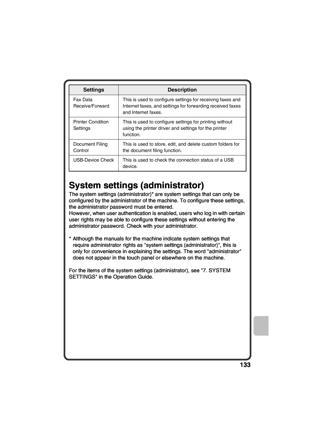 Sharp MX-C381, MX-C311 quick start System settings administrator, Settings, Description 