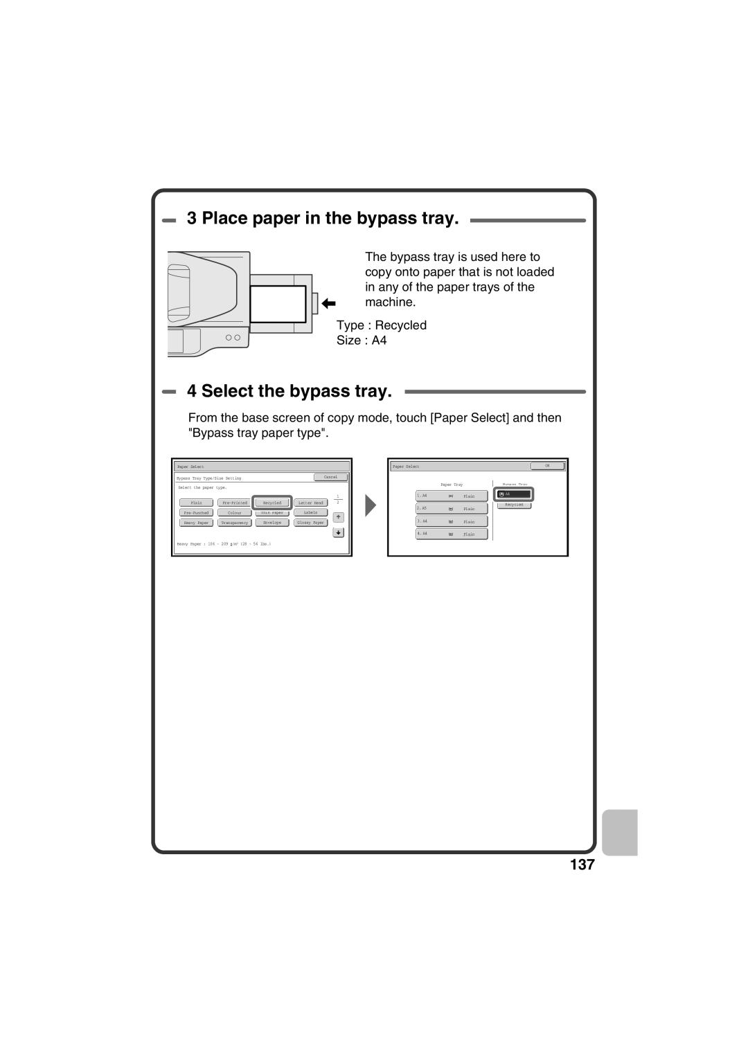 Sharp MX-C381, MX-C311 quick start Place paper in the bypass tray, Select the bypass tray 