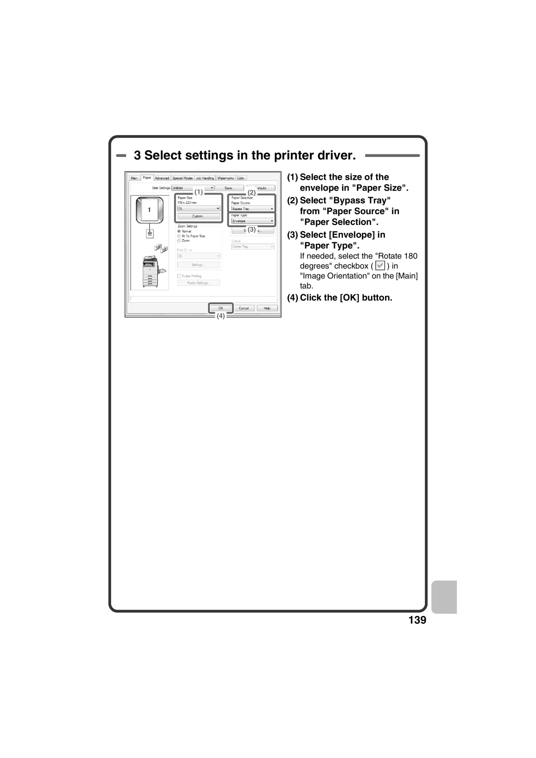 Sharp MX-C381 Select settings in the printer driver, Select the size of the envelope in Paper Size, Click the OK button 