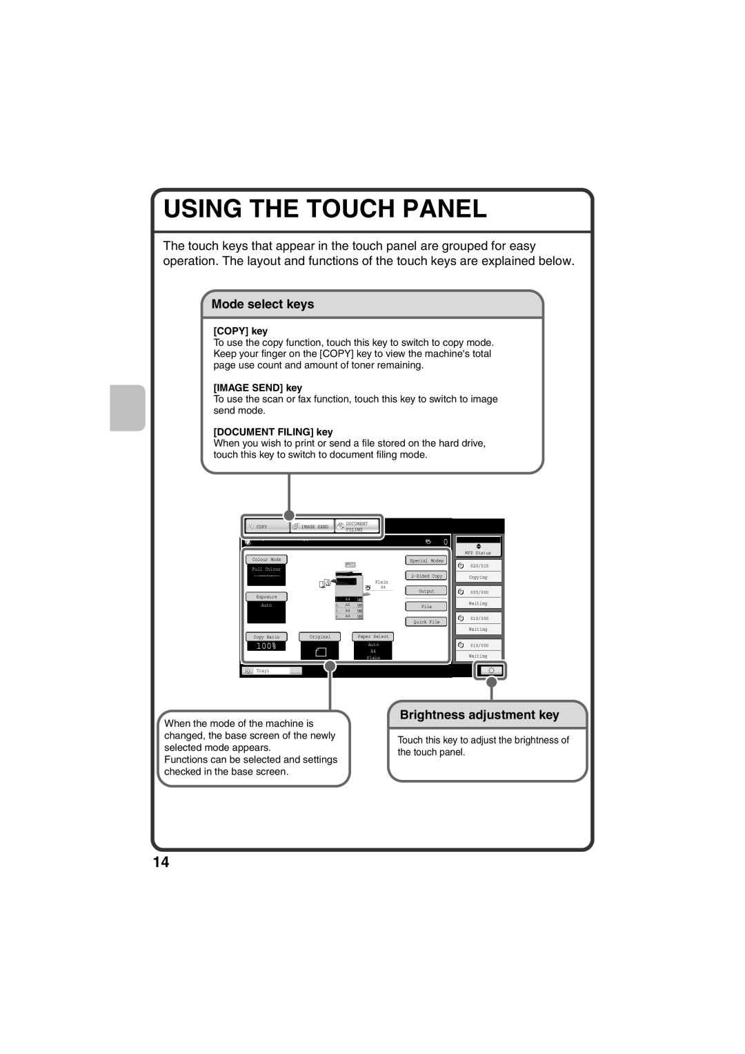 Sharp MX-C311, MX-C381 Using The Touch Panel, Mode select keys, Brightness adjustment key, COPY key, IMAGE SEND key, 100% 