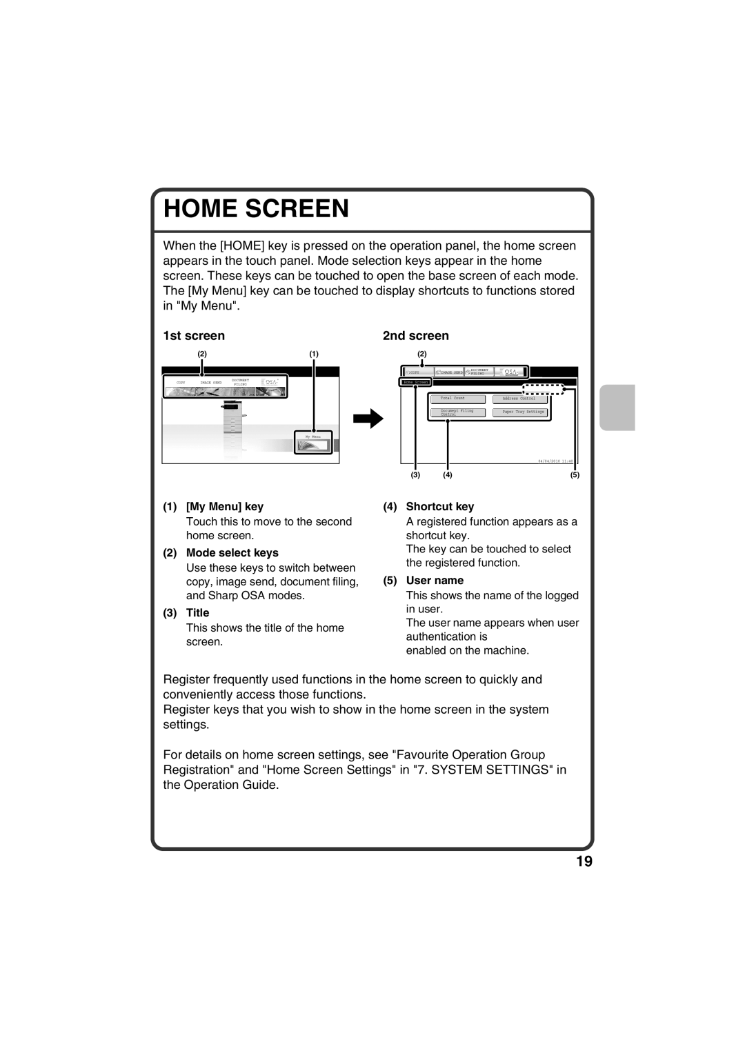 Sharp MX-C381, MX-C311 quick start Home Screen, 1st screen, 2nd screen 