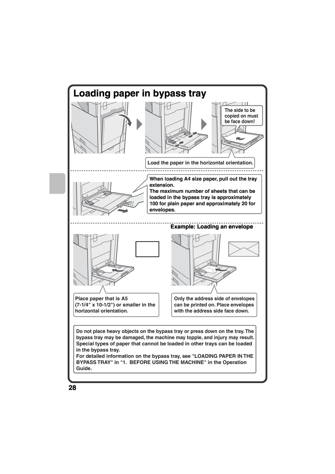 Sharp MX-C311, MX-C381 quick start Loading paper in bypass tray, Example Loading an envelope 