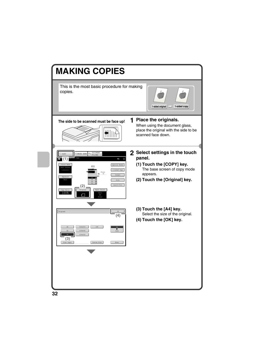 Sharp MX-C311 Making Copies, Select settings in the touch panel, Touch the COPY key, Touch the Original key, 100%, Copy 
