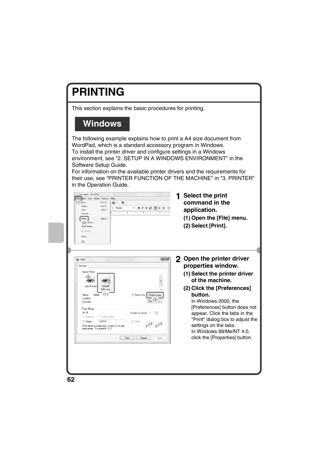 Sharp MX-C311 Printing, Windows, Select the print 1command in the application, Open the printer driver properties window 