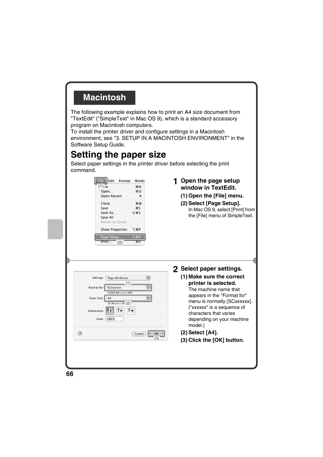 Sharp MX-C311 Setting the paper size, Macintosh, Open the page setup, window in TextEdit, Select paper settings, Select A4 