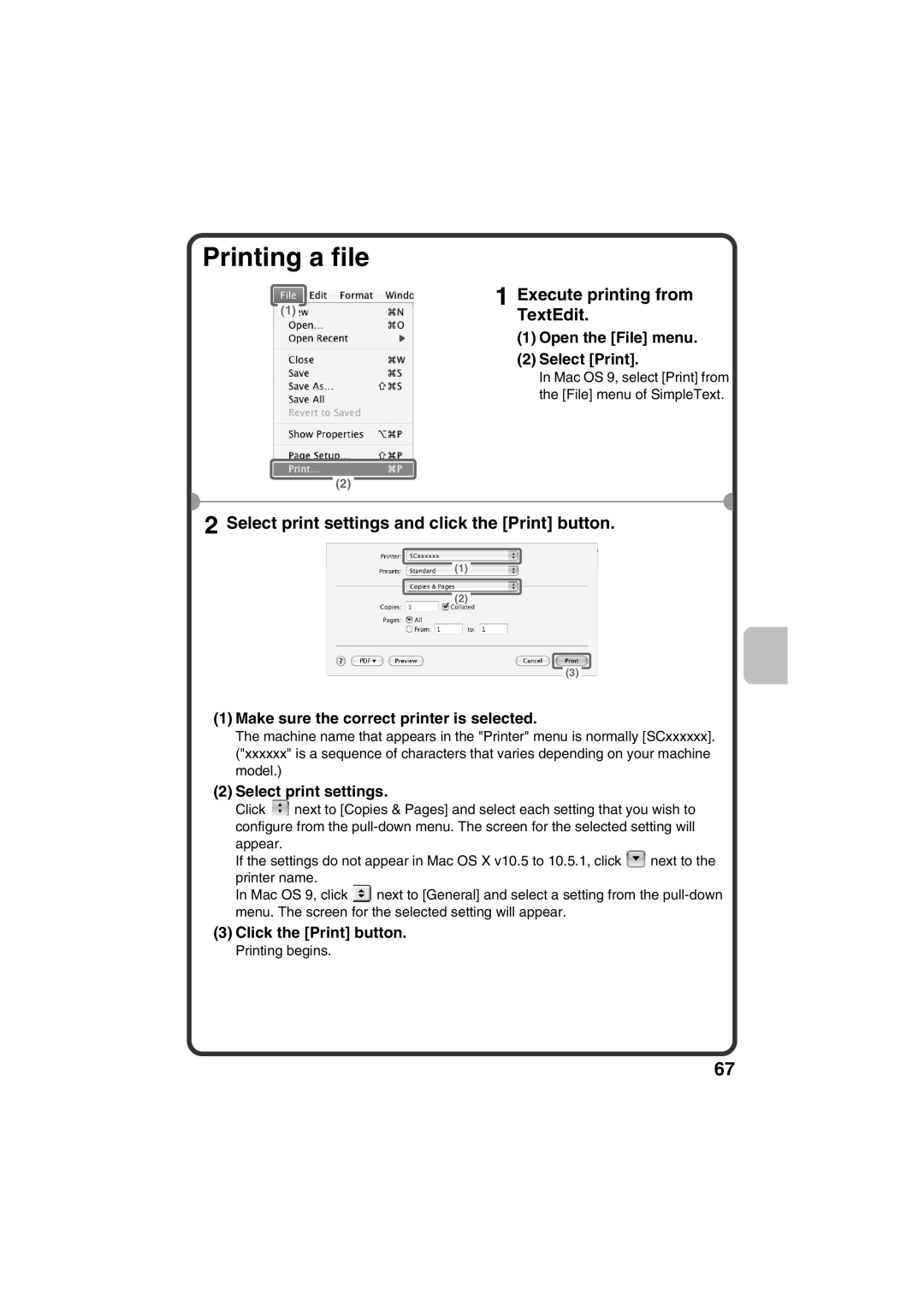 Sharp MX-C381, MX-C311 Printing a file, Execute printing from TextEdit, Select print settings and click the Print button 